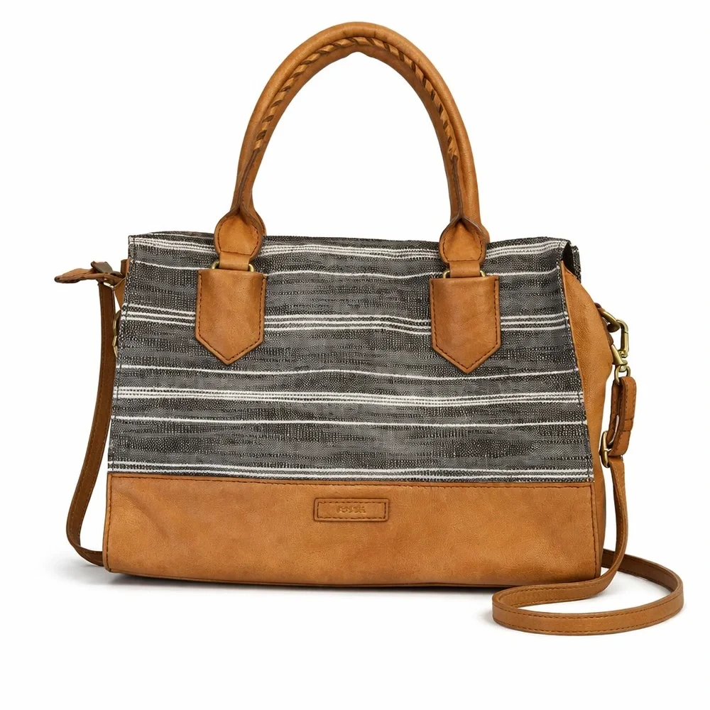 FOSSIL Black Ecru Stripe Textile Cognac Leather Trim Satchel Shoulder Bag
